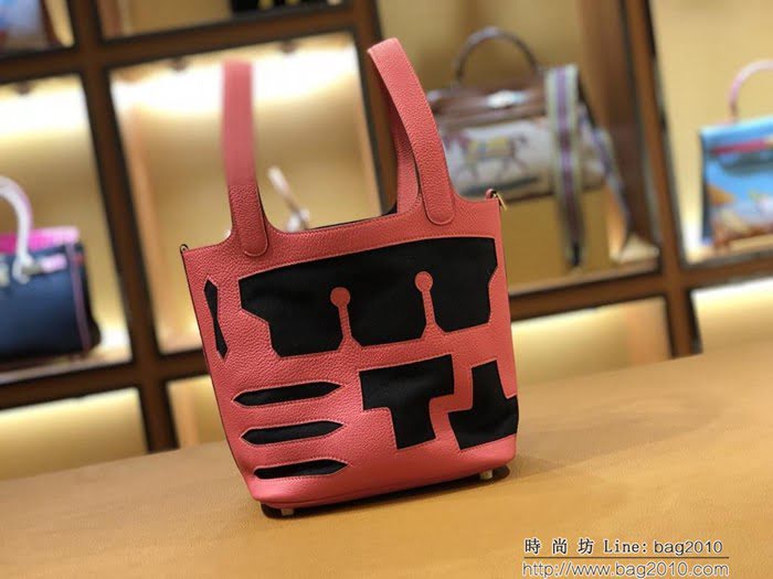 HERMES愛馬仕 Hermes petitH 限量版 唇膏粉togo black Toile 黑色 帆布 金釦 時尚手提包  Ama1038